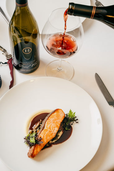 Food Pairing - At Portale in NYC, Michelin Star Chef Alfred Portale pairs Best of Class Three Sons Russian River Pinot Noir with his Ora King Salmon with wild mushrooms, Umbrian Lentils, parsnip, and Pinot Noir sauce. (Scott Heins)