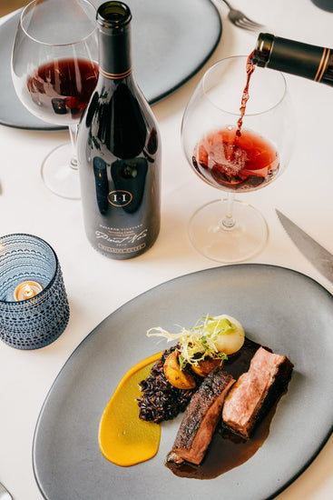 Food Pairing - At Portale in NYC, Micheline Star Chef Alfred Portale pairs our Hillside Sonoma Coast Pinot Noir with his Anatra duck breast with Tokyo Turnips, Riso Nero Black Mission Figs, and aged Balsamic. (Scott Heins)